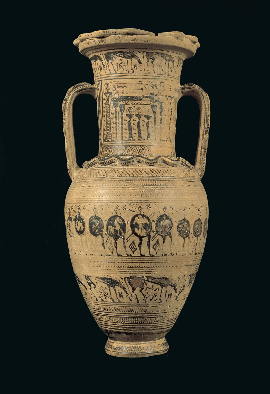 Attika amfora, késő geometriai II B időszak (Kr. e. 720-700) (festett agyag) alkotó: Greek