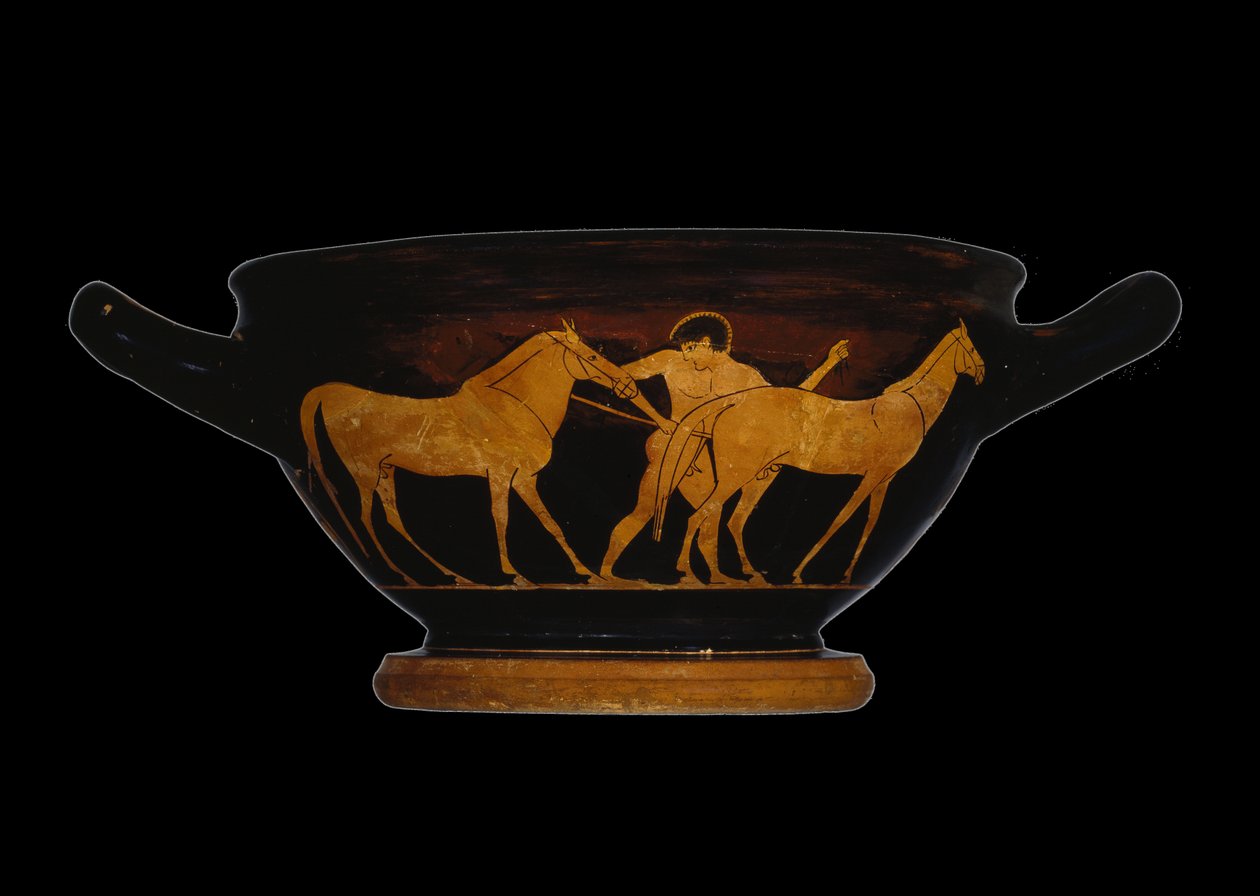Tetőtéri vörös figurás skyphos, Héraklész és Diomédész kancái (kerámia) alkotó: Greek