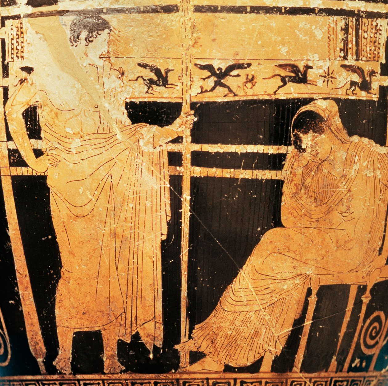 Thelemacus festőjének padlási skyphos-ja, Pénelopét és Telemakhoszt ábrázolva (vörös kerámia) alkotó: Greek
