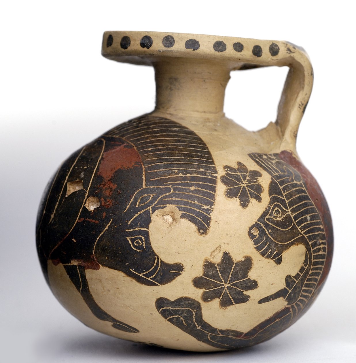 Állatokat ábrázoló, fekete-alakú, gömb alakú korinthoszi, középső korinthoszi időszak (i.e. 600-575) (agyag) alkotó: Greek