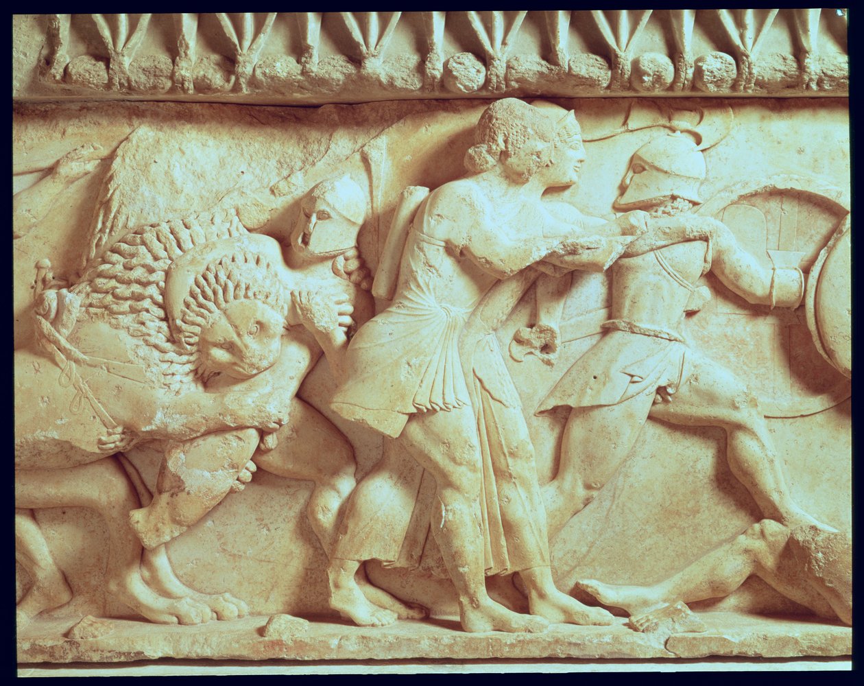 Részlet a sziphniai kincstár északi frízéről, amely isteneket ábrázol, akik óriásokkal harcolnak, Kr.e. 525 körül márvány alkotó: Greek