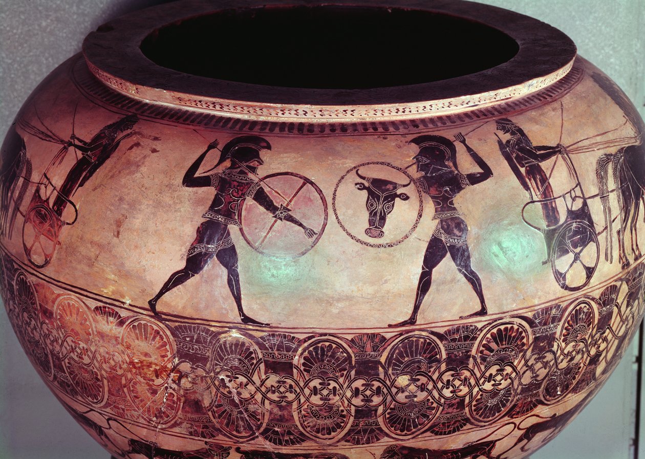 Dinos, Perseus és a gorgók ábrázolása, a szekereik között harcoló hoplitákat ábrázoló részlet, Kr.e. 580 körül (kerámia) (lásd még 173180) alkotó: Greek