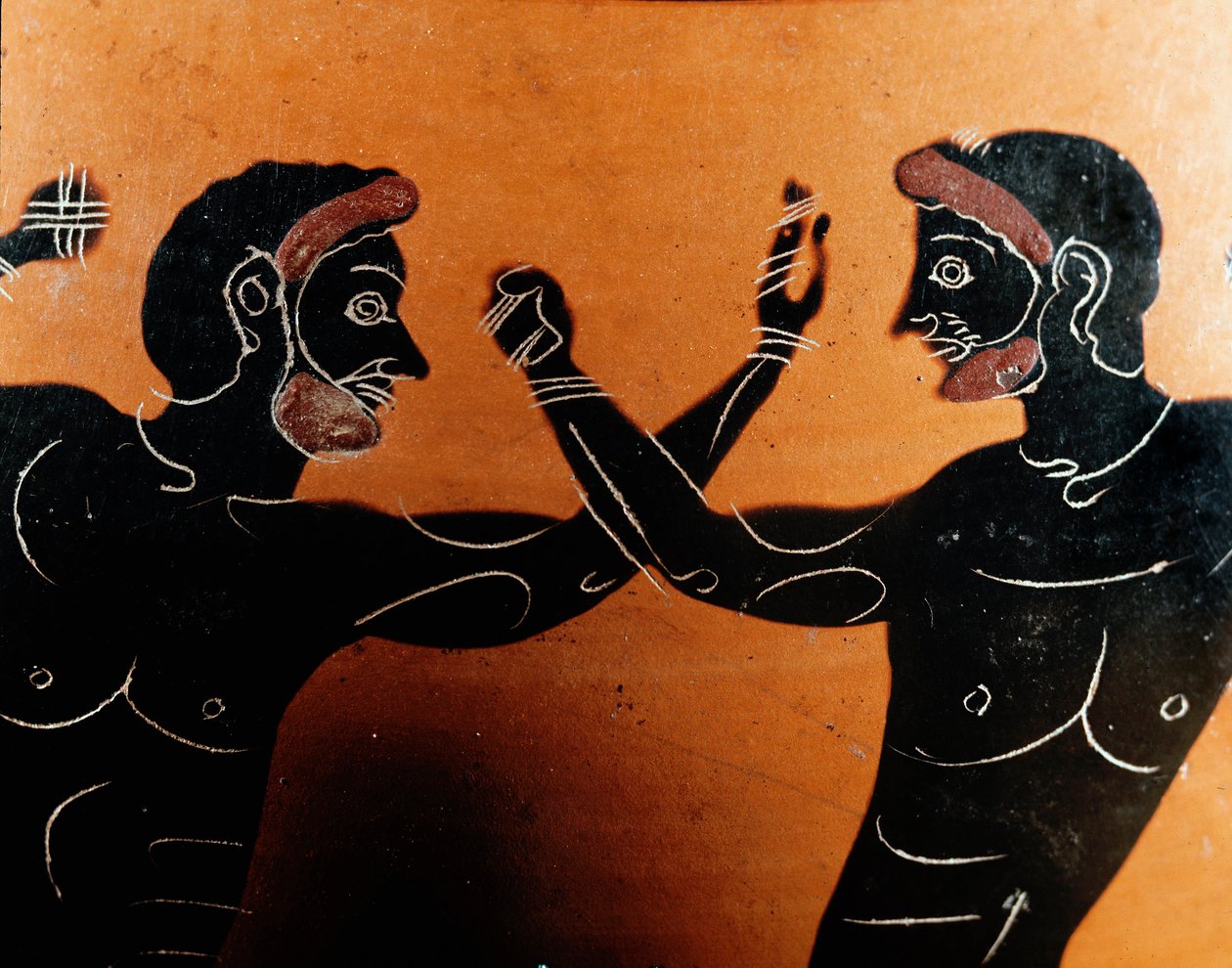 Görög művészet: Panathenai terrakotta amfora: egy pugilati csatát ábrázoló részlet. A Vulci harcos sírja. Kr.e. 6. század. Róma, Villa Giulia Nemzeti Múzeum alkotó: Greek