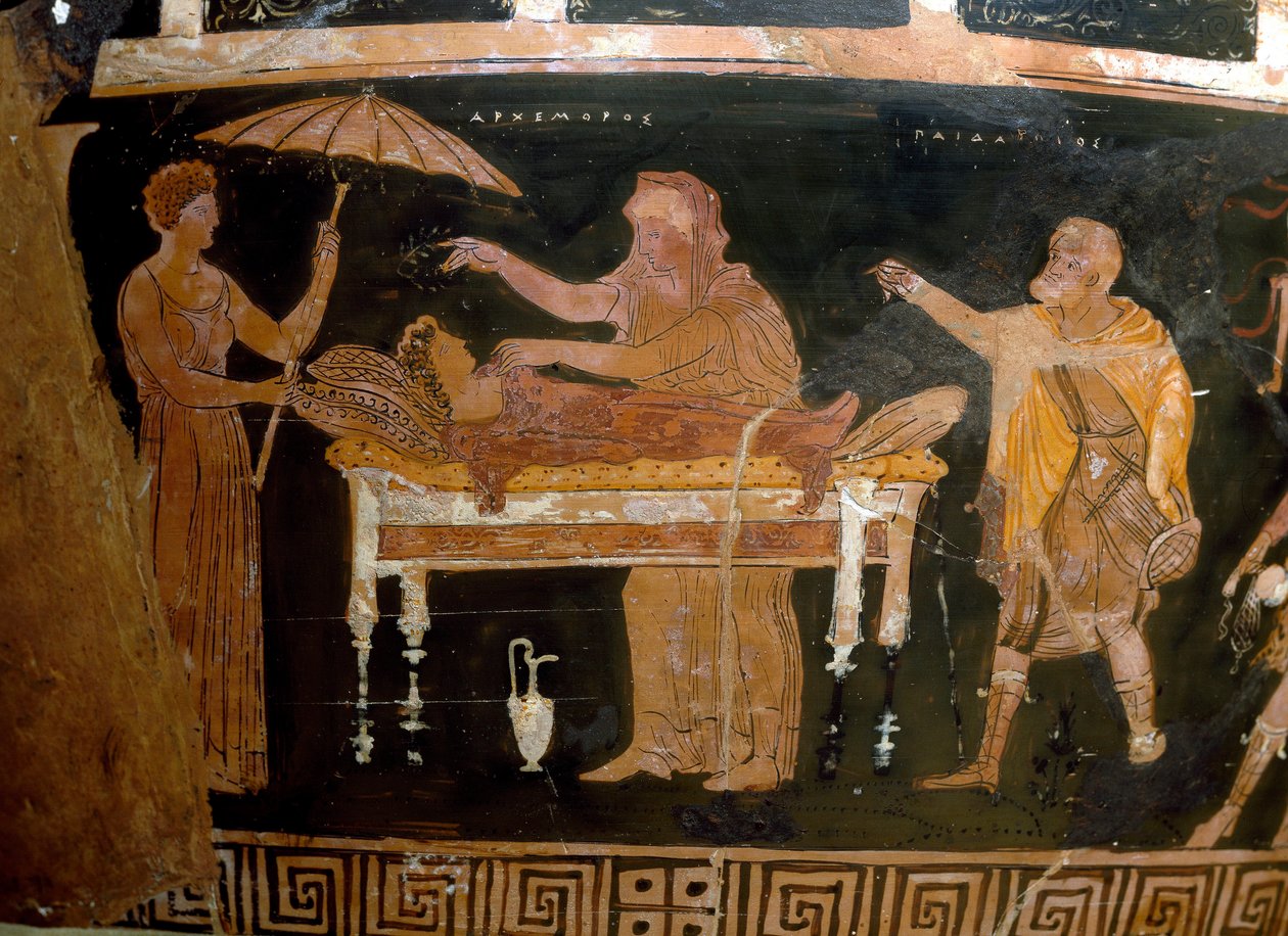 Görög művészet: Arhemore váza: Arhemore temetése (Opheltész) Dareiosz festőjének festménye. Ruvo-tól. Kr.e. 4. század. Museo Archeologico Nazionale, Nápoly alkotó: Greek