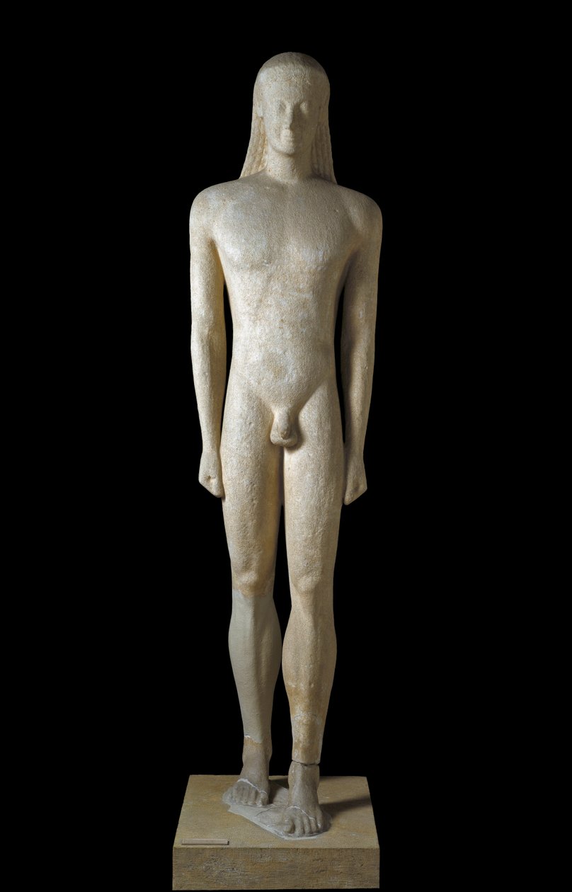 Görög művészet: Kouros szobra, az archaikus időszak fiatalemberének szobra (Kr. e. 650-500), ie 530-520, Meloszból, Dim. 1,94 m - Athénész, Nemzeti Régészeti Múzeum - Kouros - Archaikus görög szobor (Kr.e. 650-500), Melosból, ie 530-520 (H.194 cm) - Natio alkotó: Greek