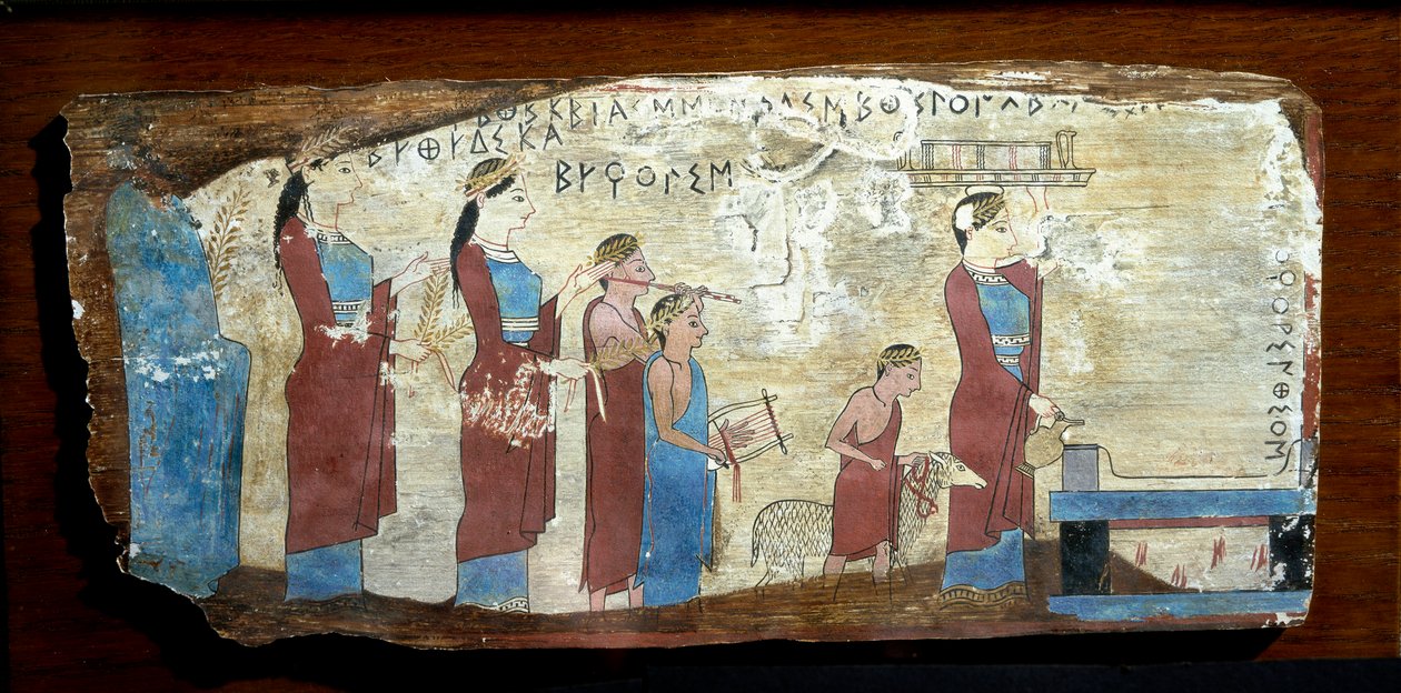 Görög antiquitis: bárányáldozat. Fafesték a Korinthoszi-öbölben található Sicyonból. Kr.e. 6. század. Athénész, Országos Régészeti Múzeum alkotó: Greek