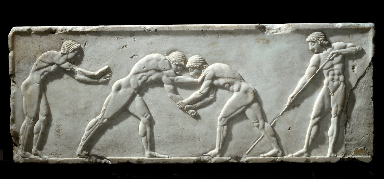 Görög művészet: birkózókat ábrázoló kourók alapja a küzdelem során. Márvány domborműves harisnya, Kr.e. 510-500 - Athénész, Régészeti Múzeum - Küzdő birkózók - Márvány domborműves kouros szobor faragása, ie 510-500 - Nemzeti Régészeti Múzeum, Athén alkotó: Greek