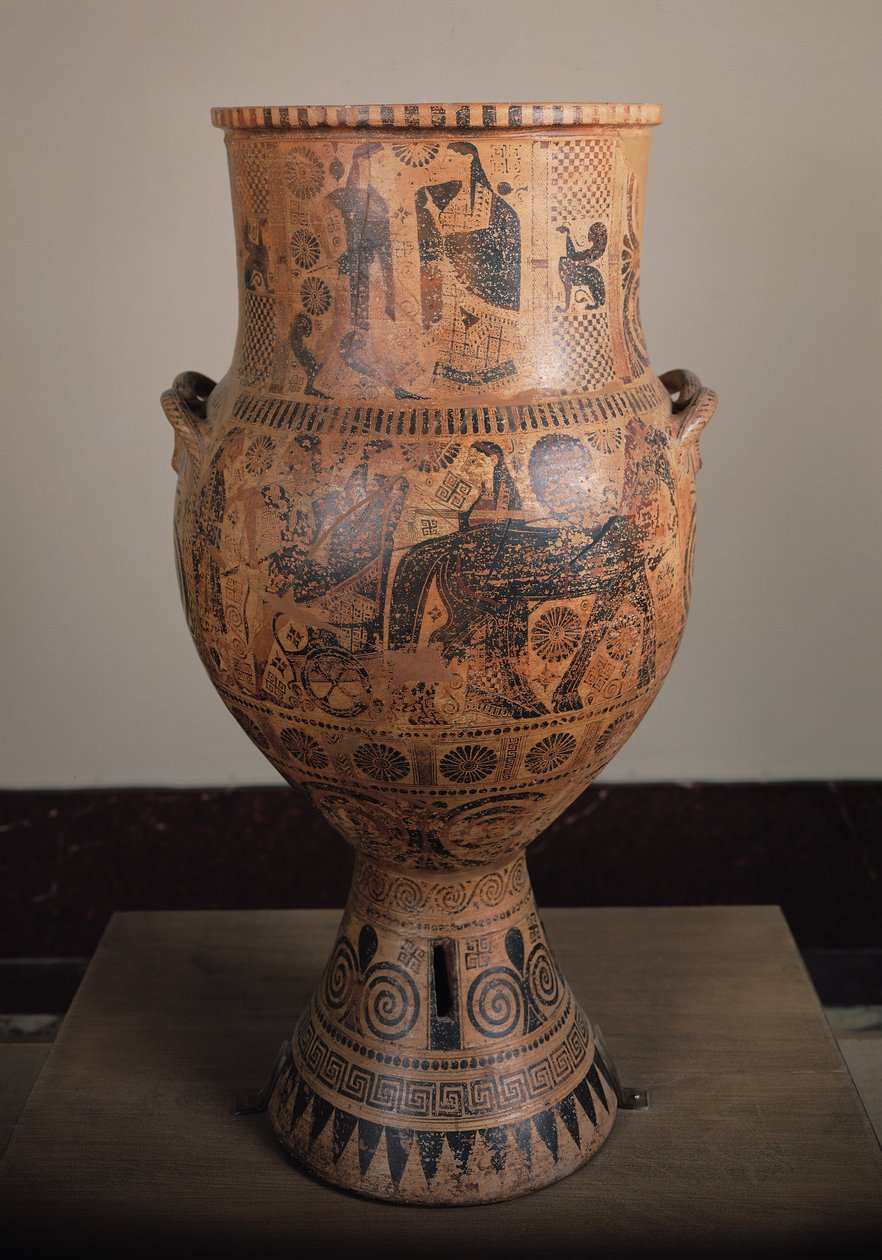 Kráter, amely Herkules távozását ábrázolja a krétai Apterából, Kr.e. 610 körül (kerámia) alkotó: Greek