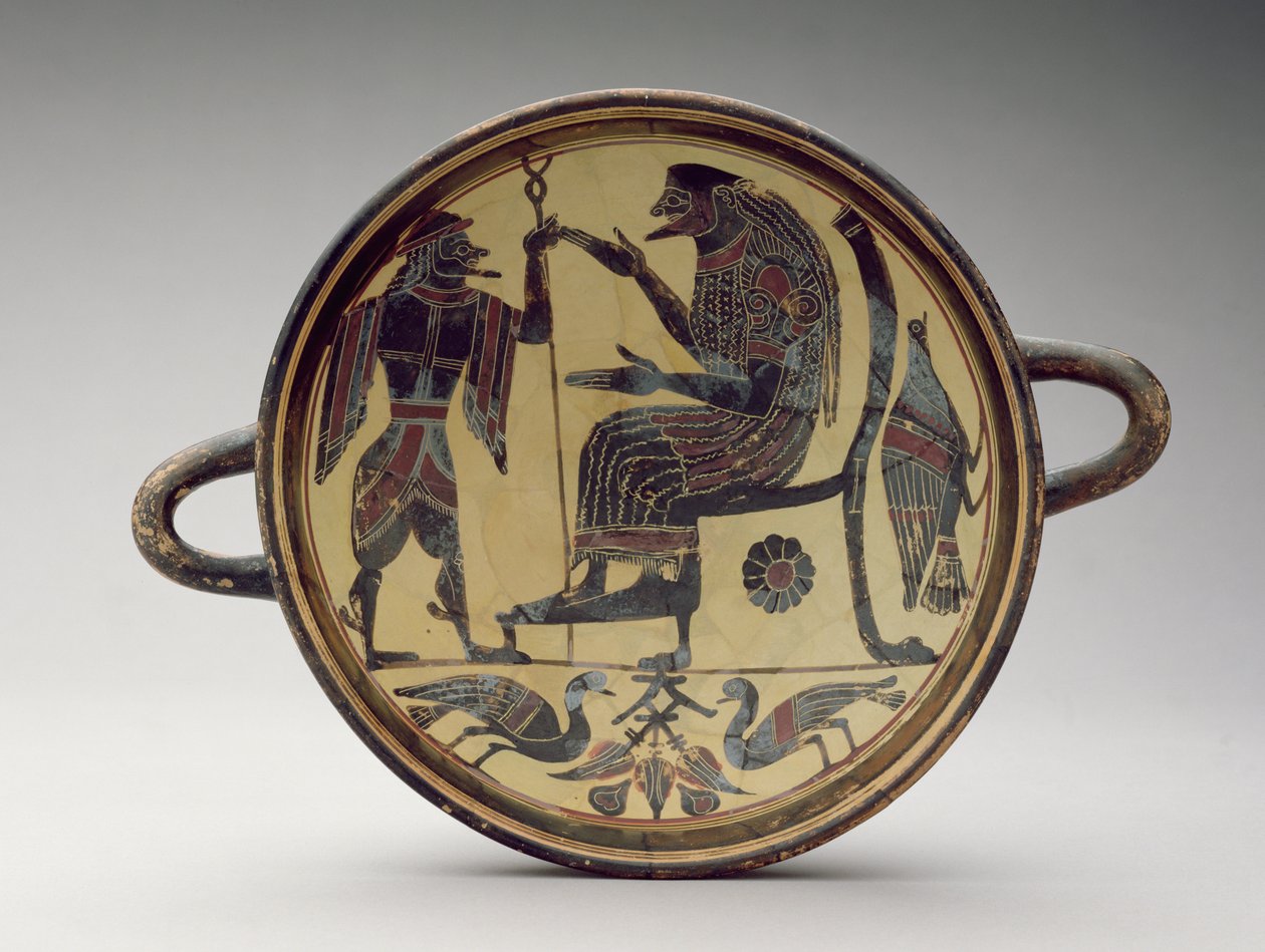 Lakóniai kylix csésze Zeuszt és Hermészt ábrázolva, ie 550-530 körül (agyag) (lásd még: 288296 és 288298) alkotó: Greek
