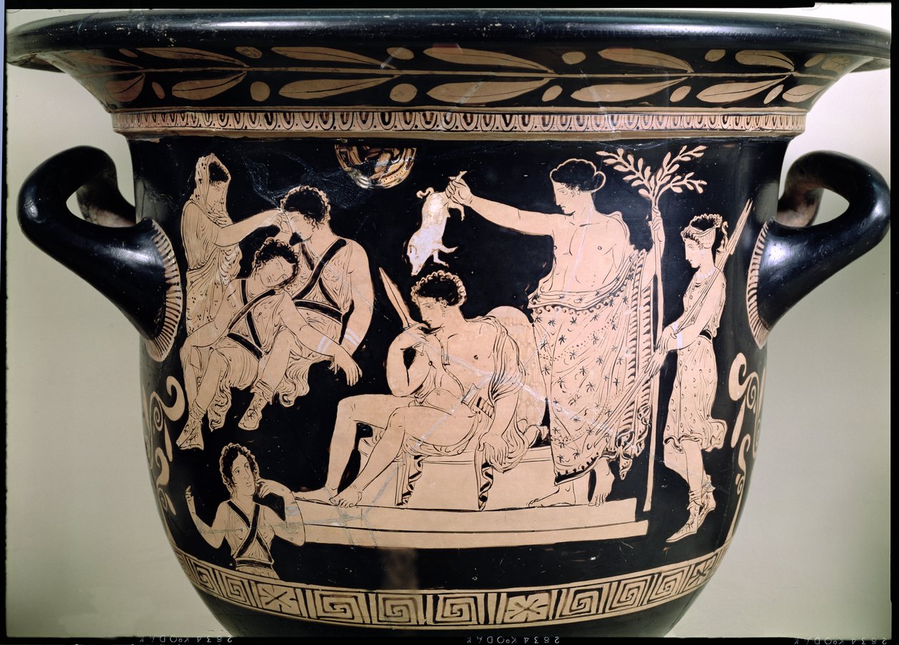 Orestes, mint fohász a delphoi Apolló-szentélyben, részlet egy attikai vörös alakos kráterből, amelyet az apuliai Eumenidész festő 92567-es kerámiarészletének tulajdonítottak alkotó: Greek