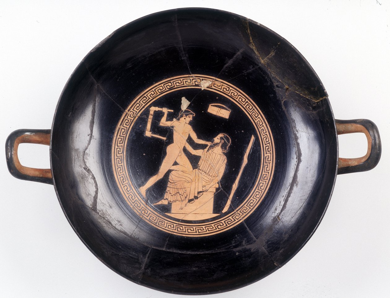 Festmény a vágáson: Héraklész ábrázolása, amint egy székkel integet, hogy kiütötte zenemesterét, Kr.e. 470. BNF, Éremhivatal. alkotó: Greek
