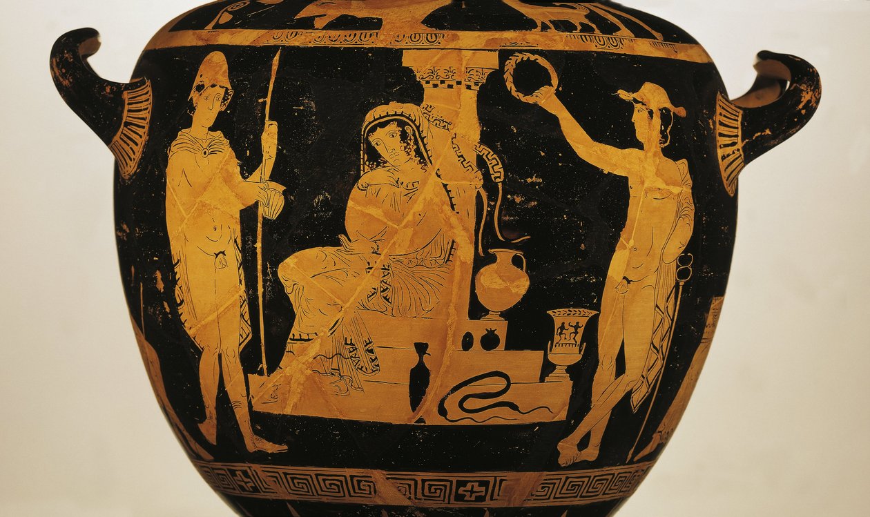 Vörös alakú kráter, amely Oresztest, Elektrát és Pyladest ábrázolja Agamemnon sírjánál (kerámia) alkotó: Greek