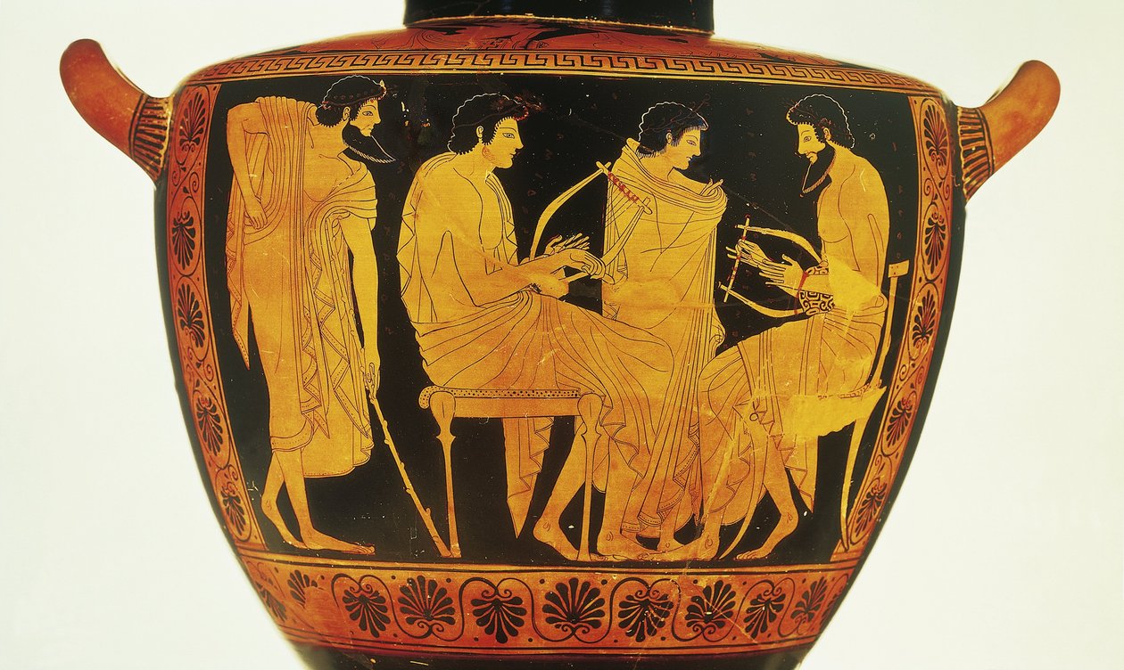 Piros figurás kerámia, Phintias attic hydria zeneleckét ábrázolva alkotó: Greek
