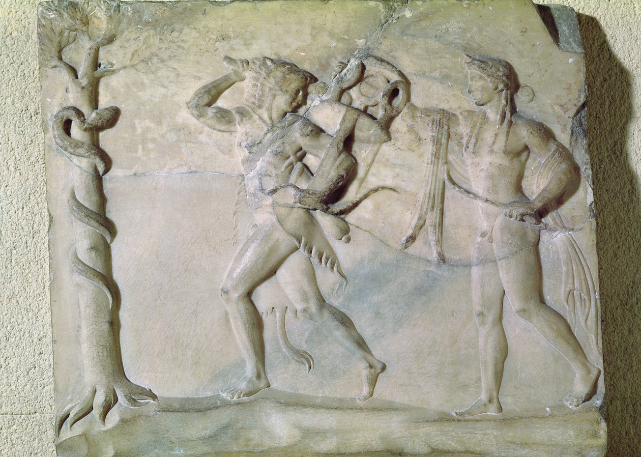 Tabletta, amely Herkulest ábrázolja, amint elviszi a delphi háromlábú állványt Apollo előtt (márvány) alkotó: Greek
