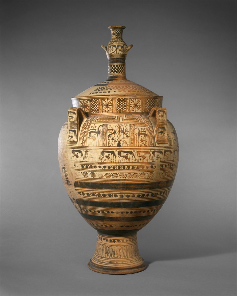 Terrakotta kráter fedővel, amelyet egy kis hidria felülmúl, c. ie 750–740 (terrakotta) alkotó: Greek