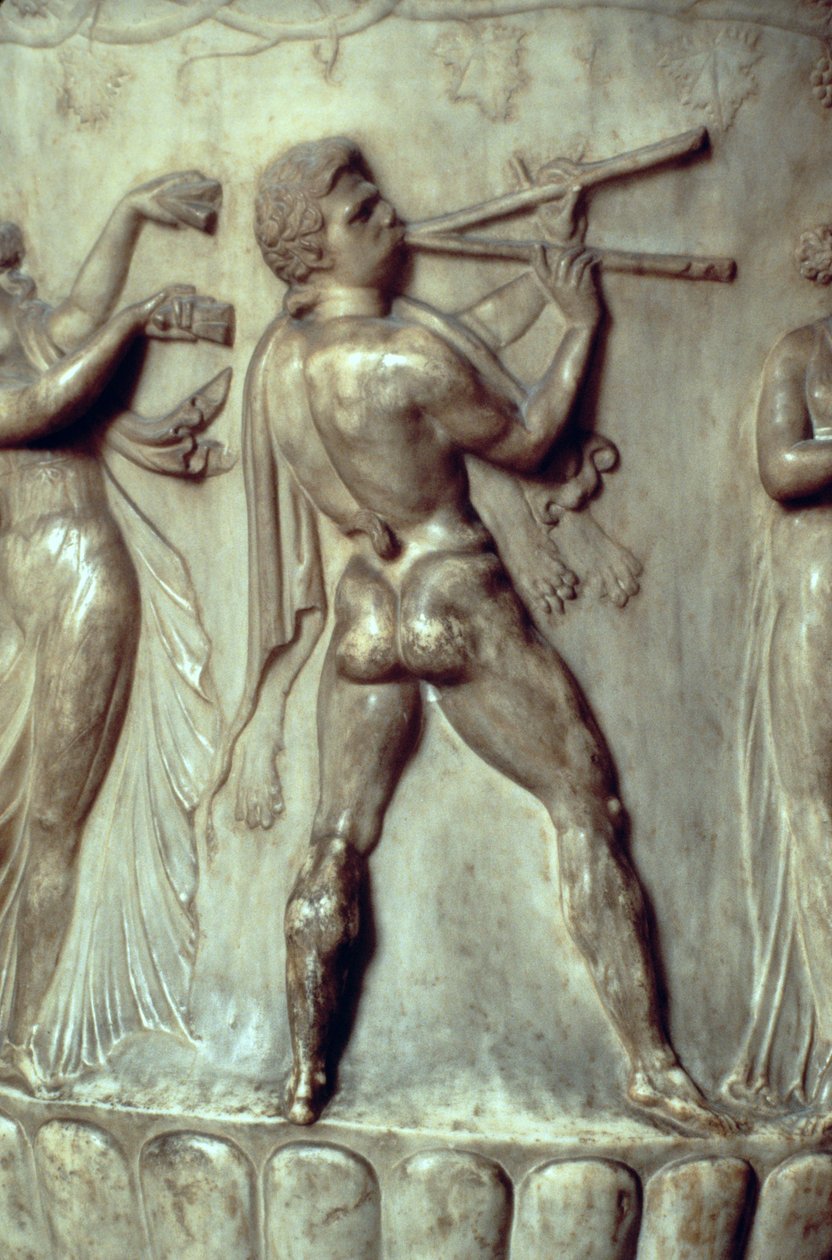 A Borghese-kráter vagy váza, a dombormű részlete kettős furulyán játszó férfit ábrázol, Neo-Attic, Kr.e. 40-30 márvány alkotó: Greek