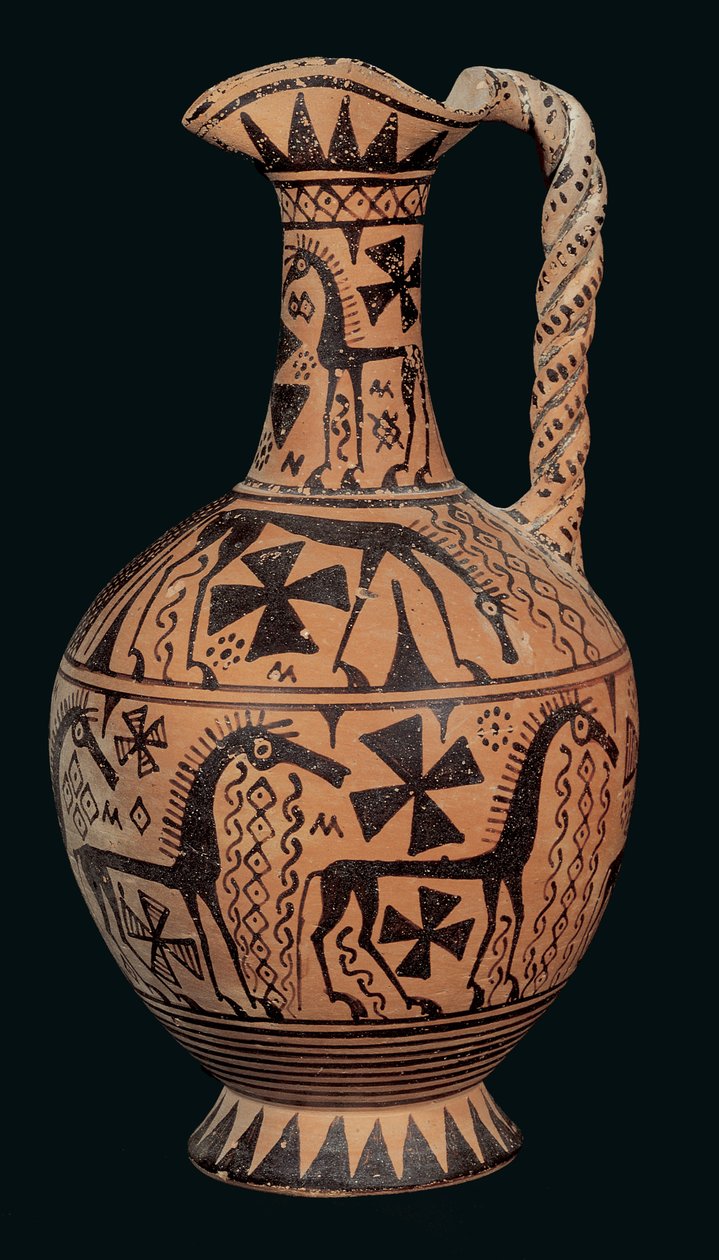 Lovakkal díszített, szárnyas szájú oinochoe, Skyros, Sporadák, keletkezési korszakból (Kr. e. 675-650) (festett agyag) alkotó: Greek