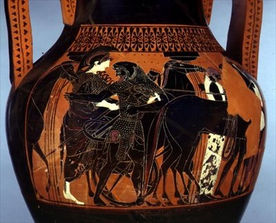 Fekete alakú amfora, Athénét segítő Héraklész jelenetével díszítve, részlet, Kr. e. 6-5. század (kerámia) alkotó: Greek