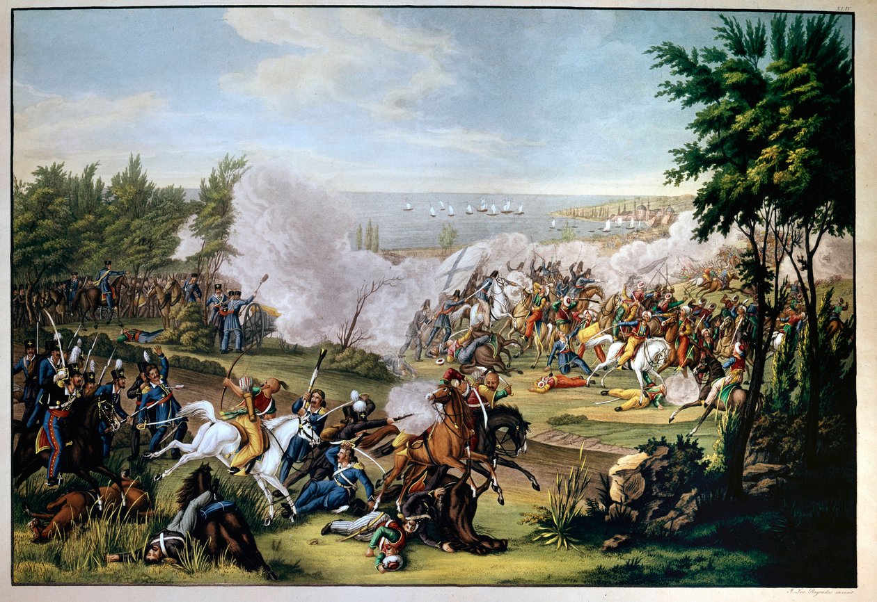 A görögországi missolonghi csata 1822-ben, Botzaris védelmében, aki meghalt az Omar Brionis törökök elleni konfliktusban (a görögök győzelme) (metszet) alkotó: Greek School