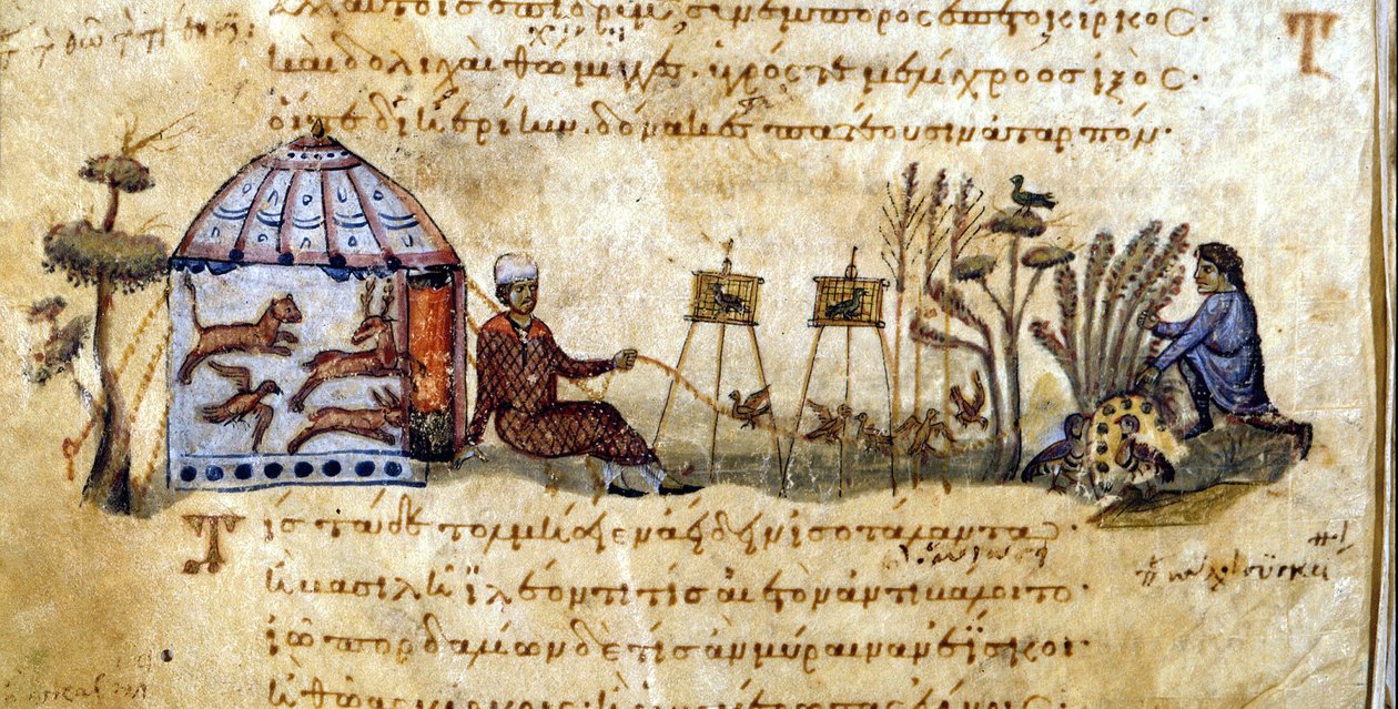 Hívó madarak – Oppianus "vadászatában", a 13. századi görög kéziratban. Biblioteca Marciana. Velence alkotó: Greek School