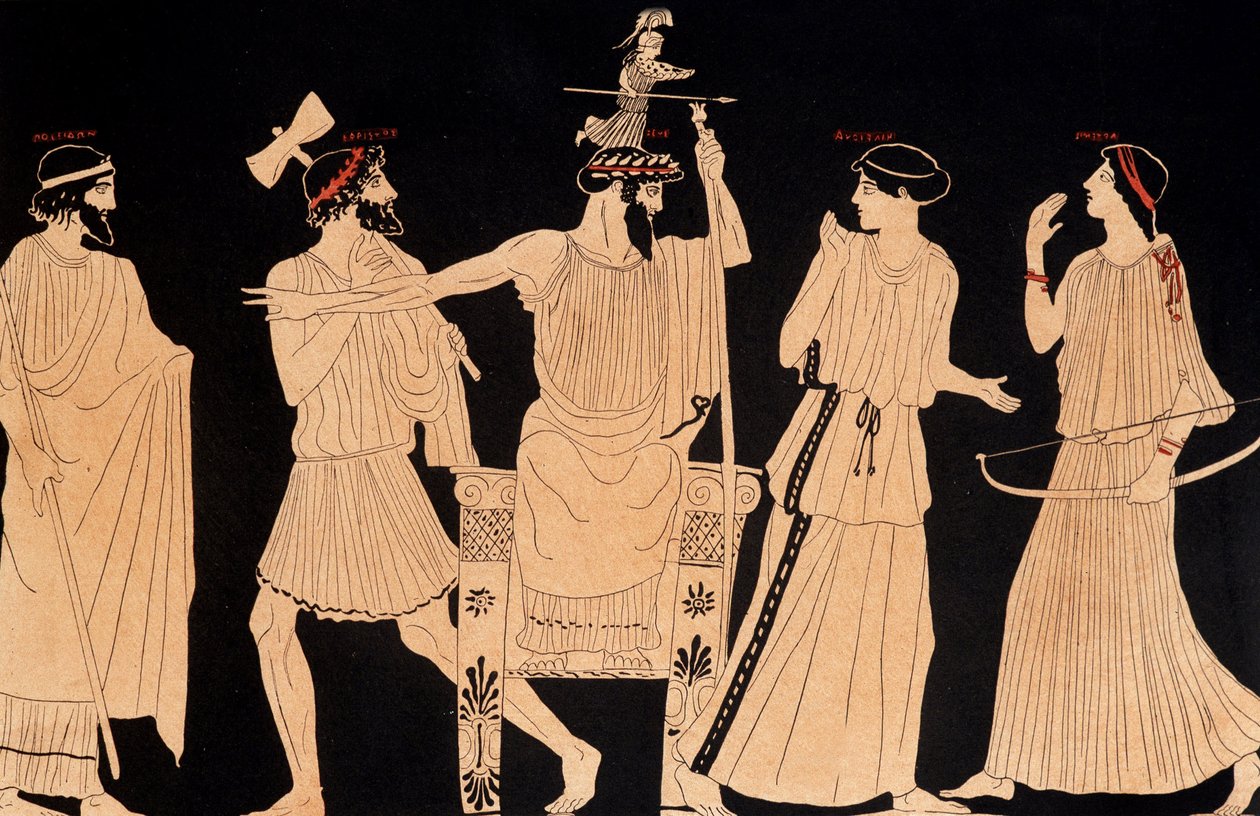 Jupiter (Zeusz) fejéből kilépő Athéné születése, Vulciban talált festmény, szerk. 20. század. alkotó: Greek School
