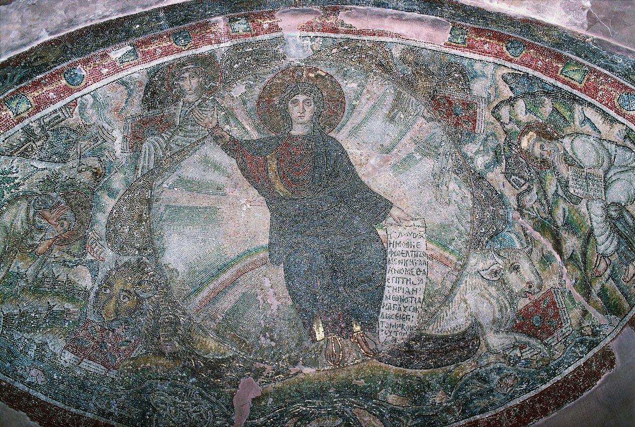Krisztus felment a mennybe négy evangélistával körülvéve, mozaik a Hosios David templomban, vagy a latomoszi kolostor (UNESCO világörökségi lista) alkotó: Greek School