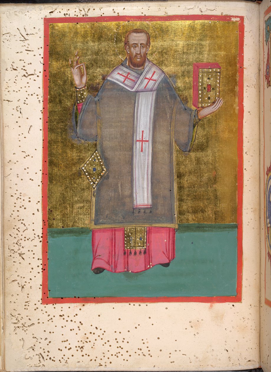 Egerton 2392, f.5v, Álló Aranyszájú János miniatúrája, aki könyvet tart, a „Leitourgikonból, felszentelési istentiszteletekkel és imákkal” alkotó: Greek School