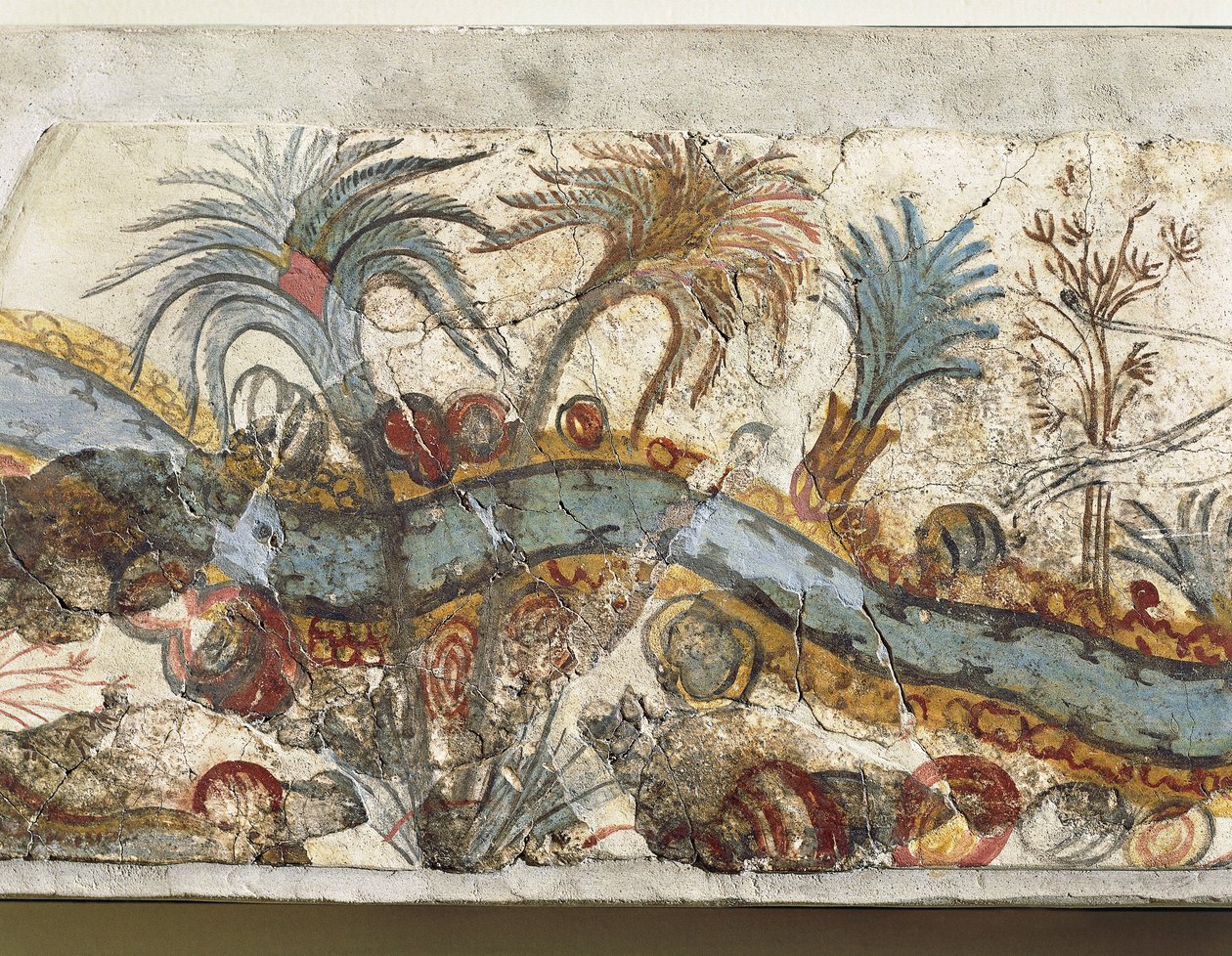 Folyói tájat ábrázoló freskó, Akrotiri, Thera Island, Santorini, Görögország, részlet alkotó: Greek School