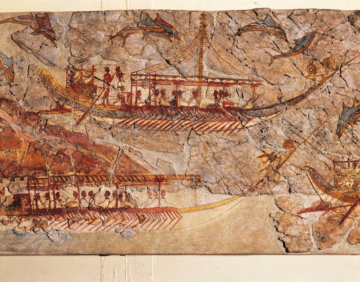 Hajómenetet ábrázoló freskó, Akrotiri, Thera Island, Santorini, Görögország, részlet, hajók alkotó: Greek School
