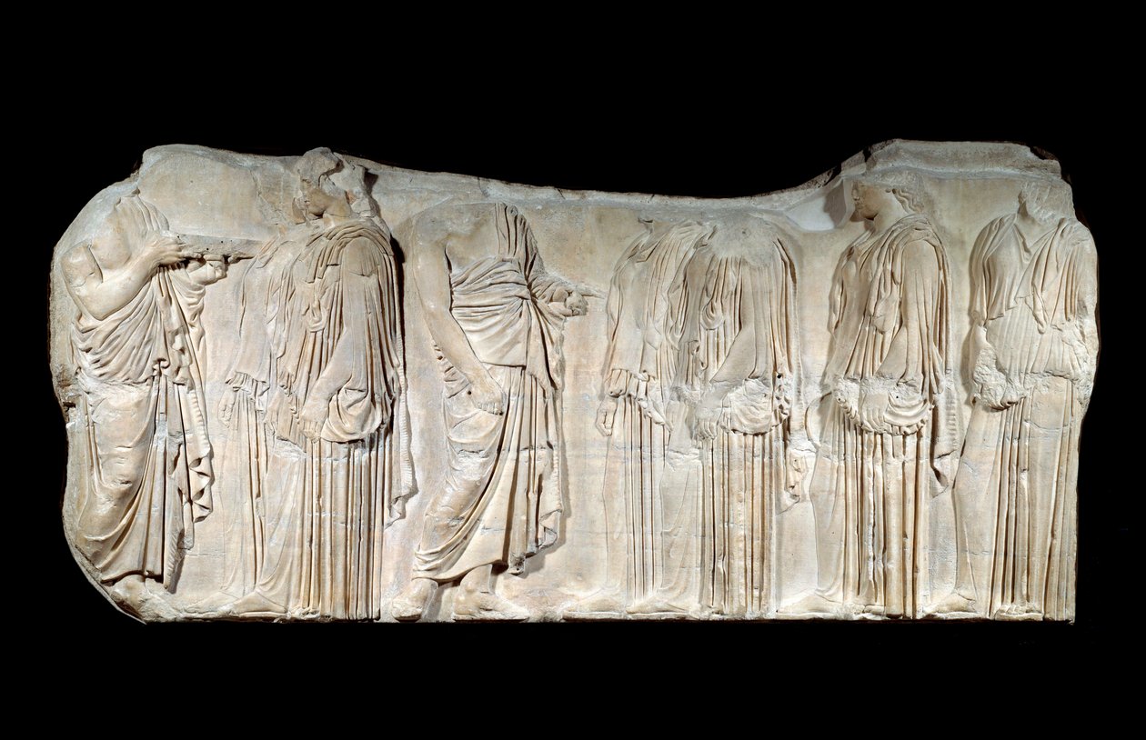 Görög művészet: a Parthenon fríz töredéke: Nagy Panatheneusok ünnepének körmenete: felhatalmazók és ergasztinok. Klasszikus időszak. Párizs, Louvre Múzeum alkotó: Greek School