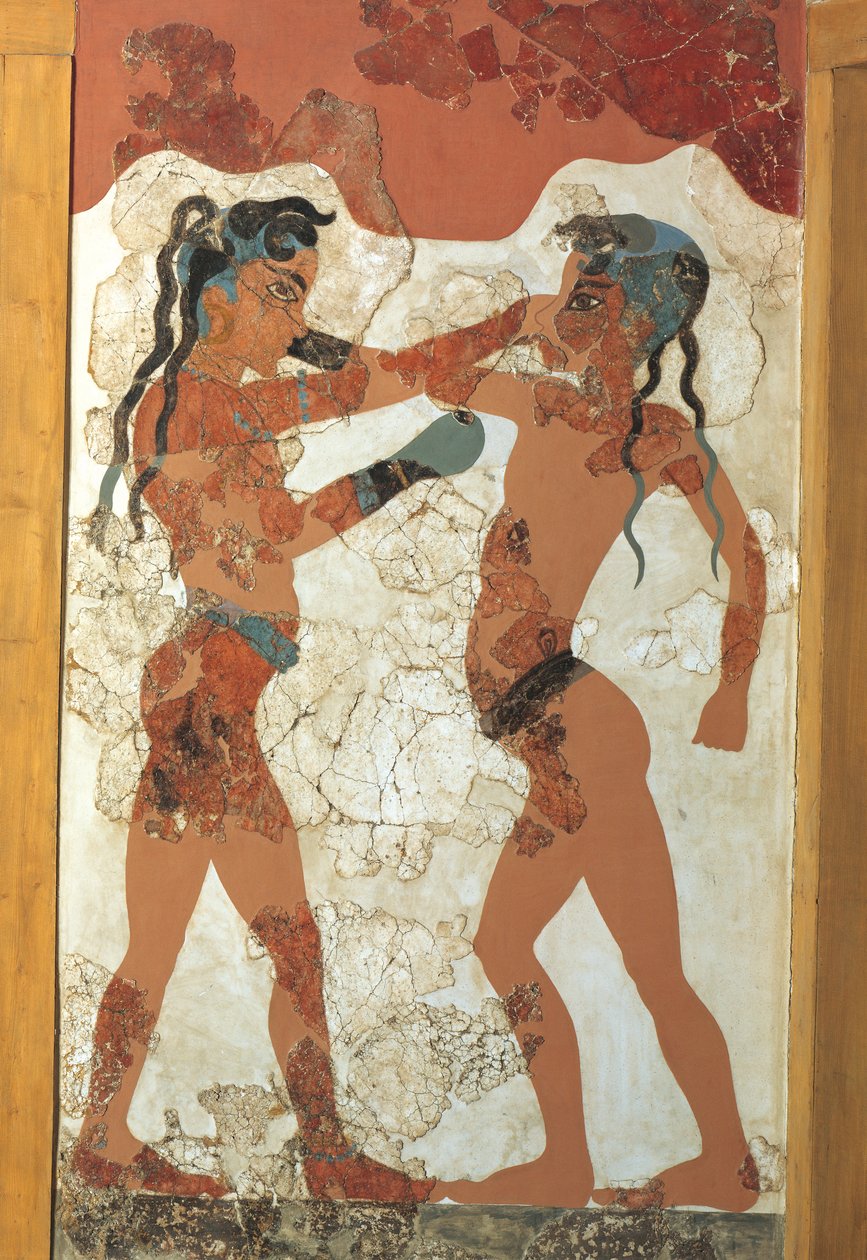 Görög civilizáció, fiatal ökölvívókat ábrázoló freskó, Akrotiri, Thera Island, Santorini, Görögország alkotó: Greek School