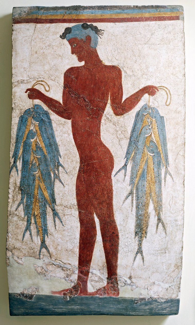 Görög civilizáció, halászt ábrázoló freskó, Akrotiri, Thera, Santorini, Görögország alkotó: Greek School