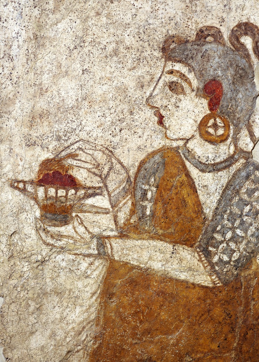 Görög civilizáció, tömjént égető papnőt ábrázoló freskó Akrotiriről, Thera szigetéről, Santorini, Görögország alkotó: Greek School