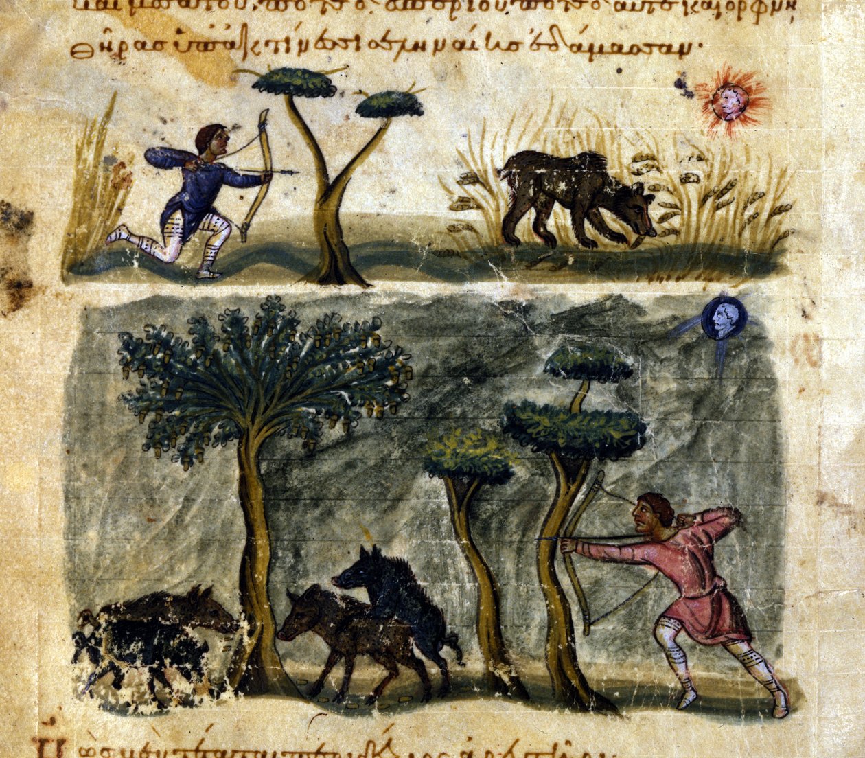 Vaddisznó vadászat Oppianus De Venatione 13. századi görög kézirata után. alkotó: Greek School