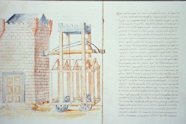 Ms Hunter 220 f.4v, 5r ütődob, a „De Machinis, Naucratis Athenaeus”-ból (tinta papíron) alkotó: Greek School