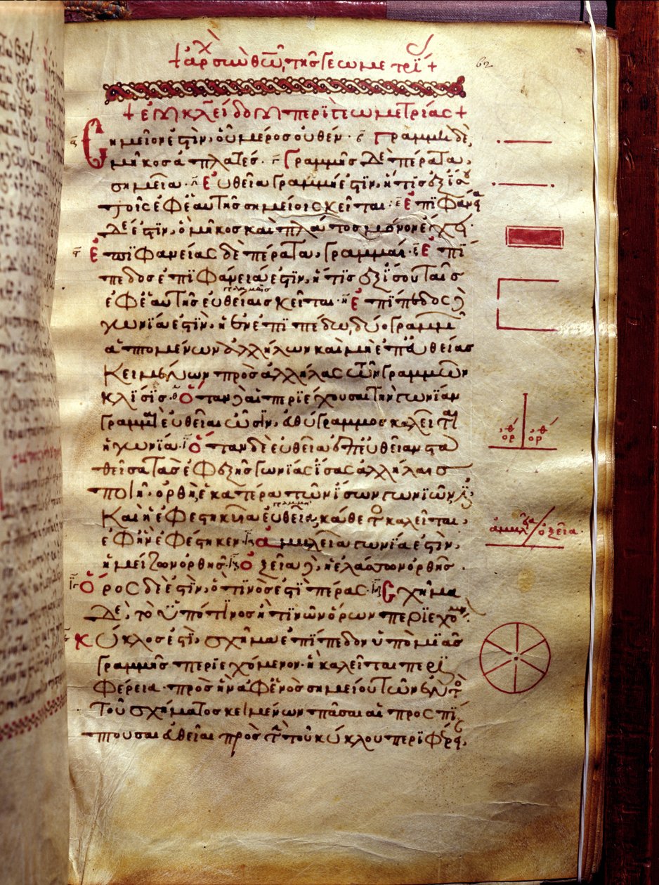 Szövegoldal geometriai alakzatokkal, Euklidész geometriájából (Kr. e. 3. század) alkotó: Greek School