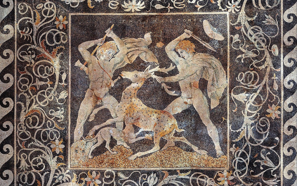 Szarvasvadászat mozaik, Nagy Sándor és Hephestion (Hephaestion), Pella, Görögország, Kr. e. 330-300 (mozaik) alkotó: Greek School