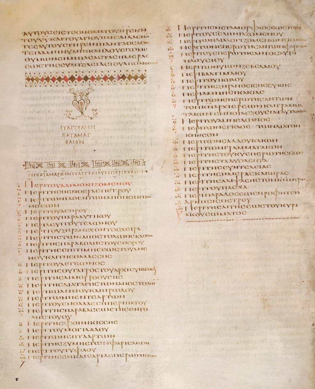 Kephalaia táblázata, Szent Márk evangéliuma, a Codex Alexandrinusból (vellum) alkotó: Greek School