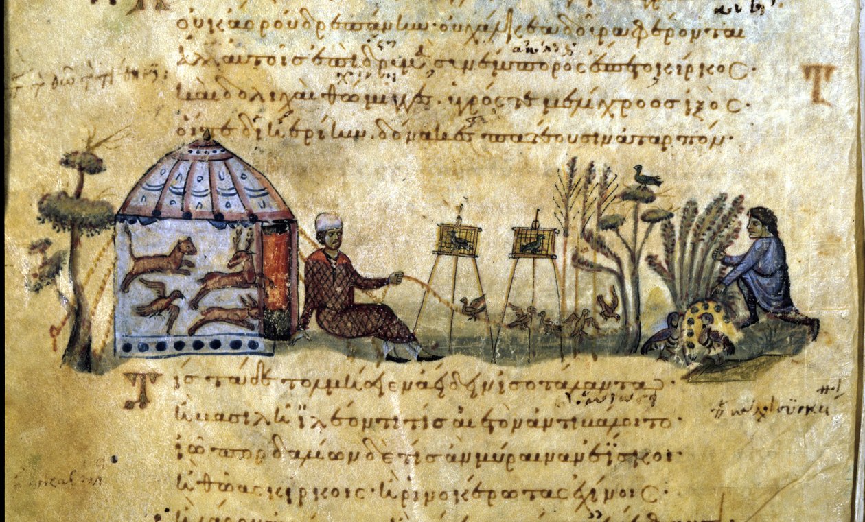 A madarak vadászata a hívásra. Oppianus De Venatione görög kézirata alkotó: Greek School