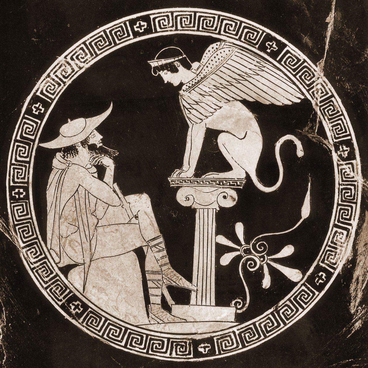 Oidipusz válaszol a szfinx kérdéseire Thébában, ie 5. század (kerámia) alkotó: Greek School