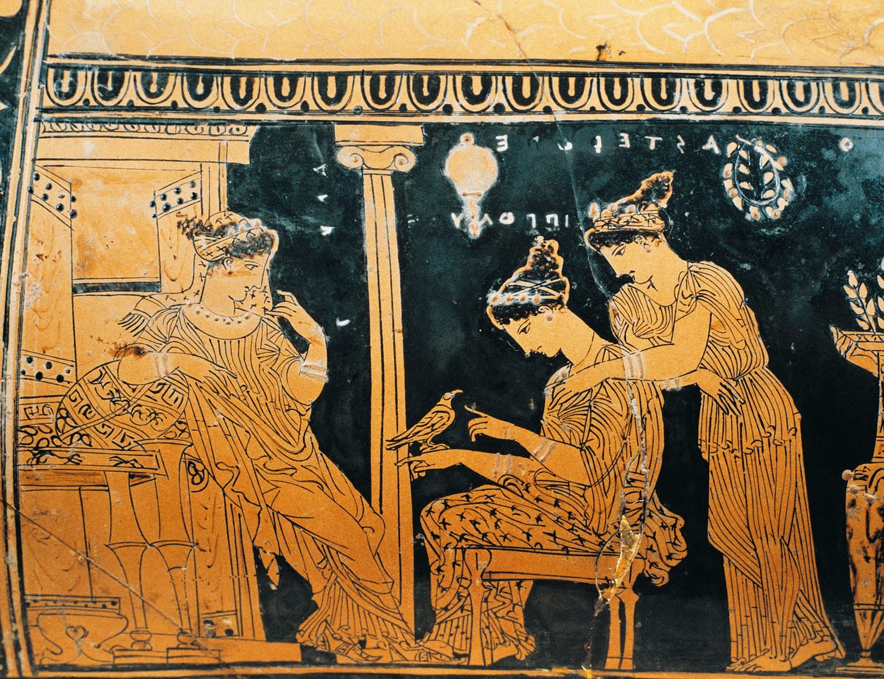Vörös figurás kerámia, Epinetron, Eretria Painter, nőt ábrázol a WC-nél, részlet alkotó: Greek School
