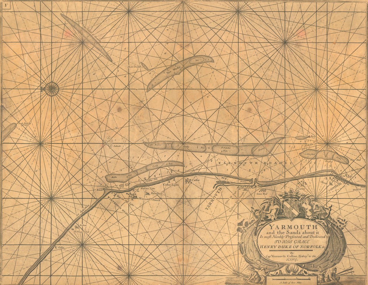 Yarmouth és a körülötte lévő homokvidék térképe, 1700 körül (színes metszet) alkotó: Greenvile Collins