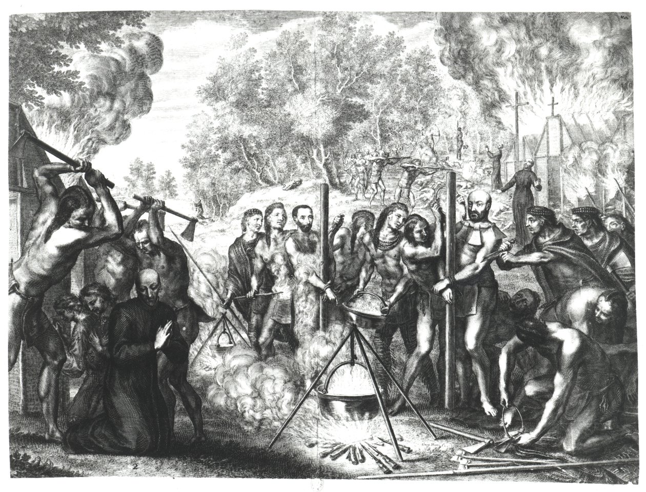Néhány jezsuita atya halála Nouvelle-Franciaországban, Francois Ducreux „Historiae Canadensis” című művéből, amelyet 1664-ben adtak ki alkotó: Gregoire Huret