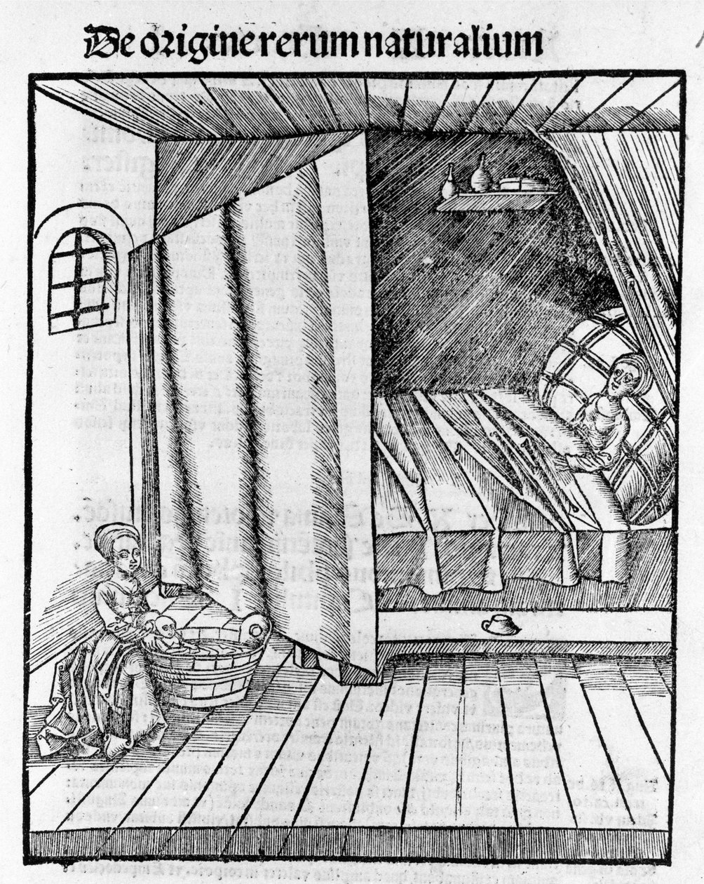 A szülésznő megtisztítja az újszülöttet, amíg az anya pihen. Metszet - Gregor Reisch (1467-1525) „Margarita Philosophica” című könyvében, Basel alkotó: Gregor Reisch