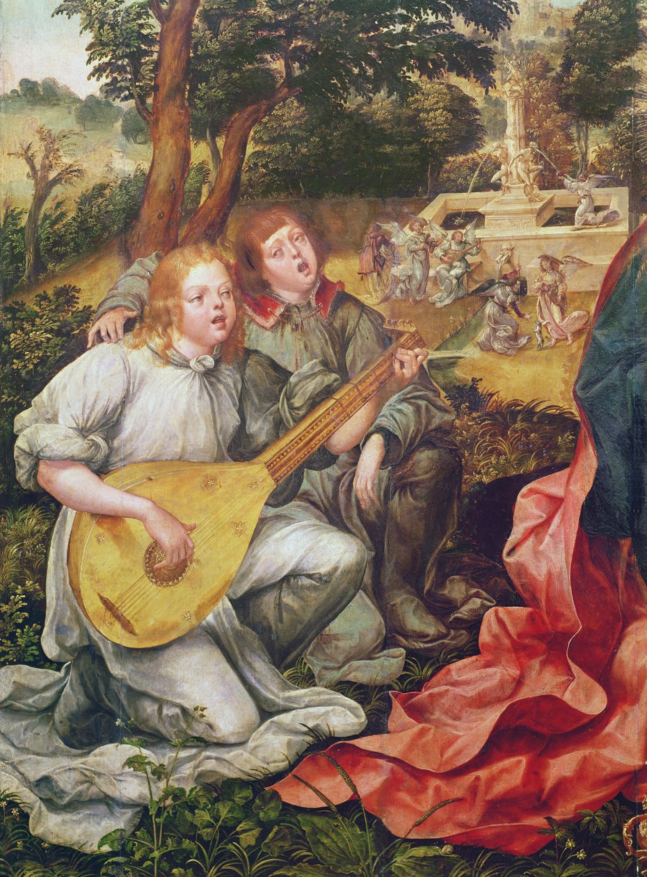 Szűz és gyermek angyalokkal, Angyalzenészek részlete, 1536-38 alkotó: Gregorio Lopez