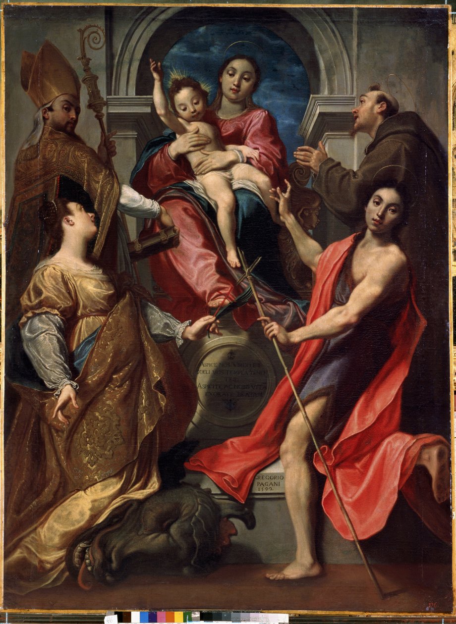 Szűz és gyermek Assisi szentekkel, Keresztelő Szent Jánossal, Antiochiai Szent Margittal és Nagy Szent Gergelyrel (Szűz és gyermek Assisi Szentekkel, Keresztelő Jánossal, Margittal és Nagy Gergelyszel). Gregoire Pagani festménye (15 alkotó: Gregorio Pagani