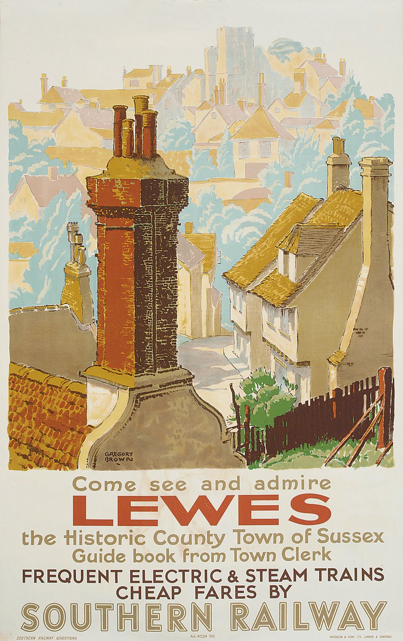 Lewes, a déli vasutat reklámozó plakát (színes litó) alkotó: F. Gregory Brown