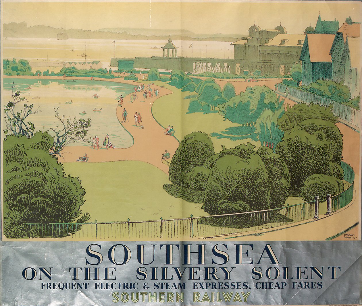 „Southsea on the Silvery Solent”, a Southern Railways-t hirdető plakát alkotó: F. Gregory Brown