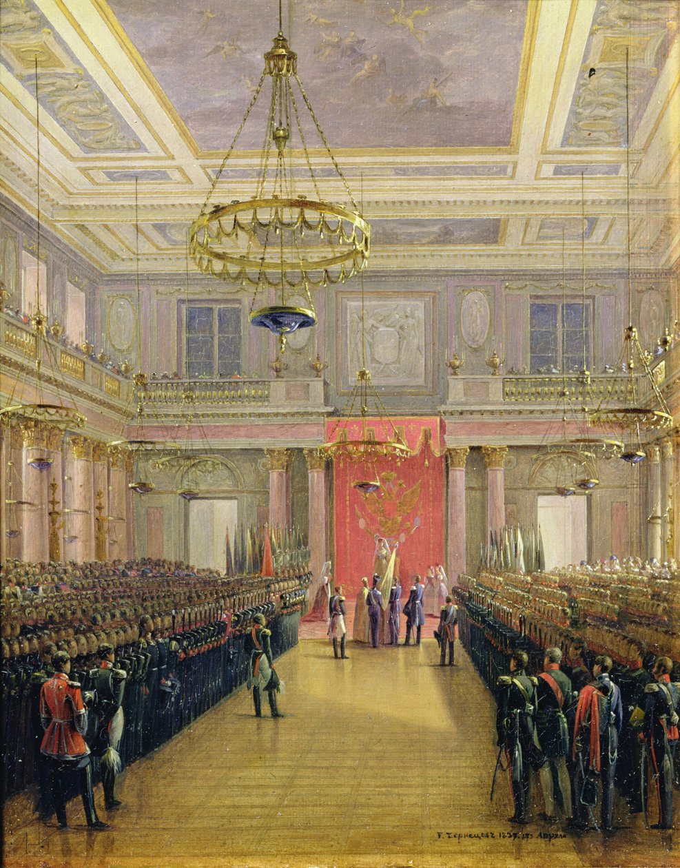 Alekszandr Nikolajevics trónutódjának esküje a Téli Palotában, 1837 (olaj, karton) alkotó: Grigori Grigor