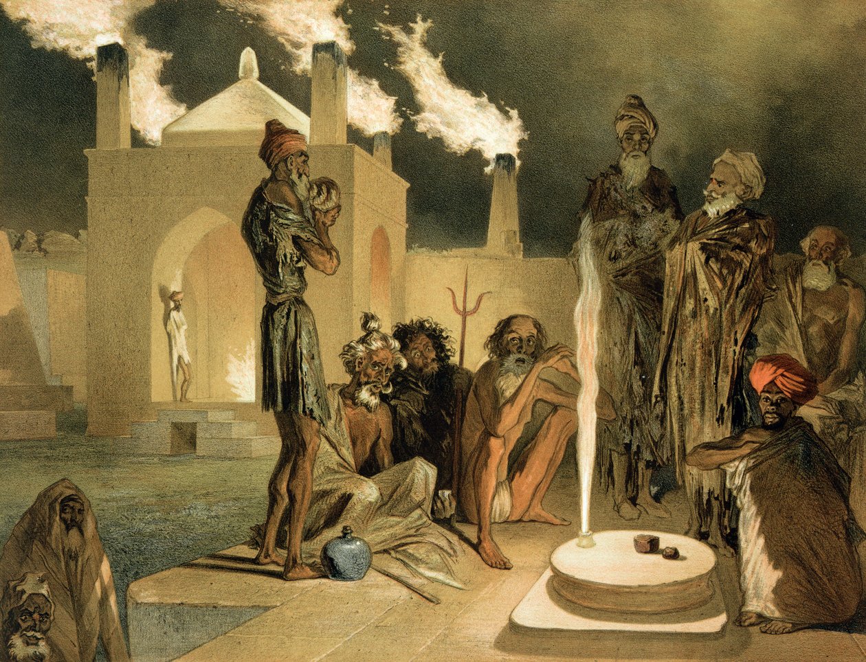 Ateseh-Gah, A tűzkultusznak szentelt indiánok, Baku, egy Kaukázusról szóló könyv 44. táblája, Leroux metszete, pub. Írta: Alfred Leon Lemercier, 1847 alkotó: Grigori Grigorevich Gagarin